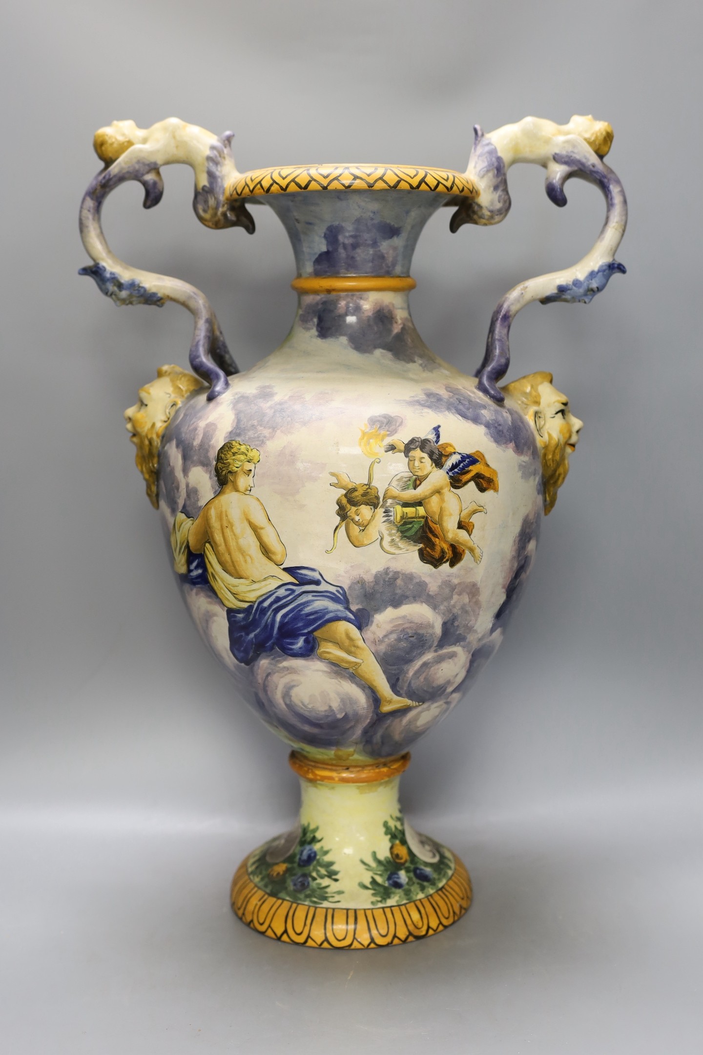 A 20th century Italian maiolica 2 handled urn, 53cm